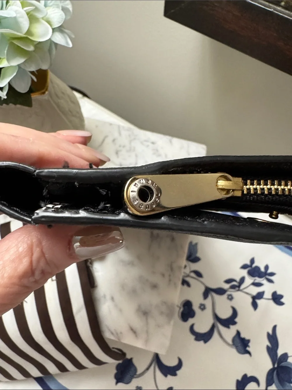 henri bendel Black Saffiano Leather Wallet with Gold Plaque